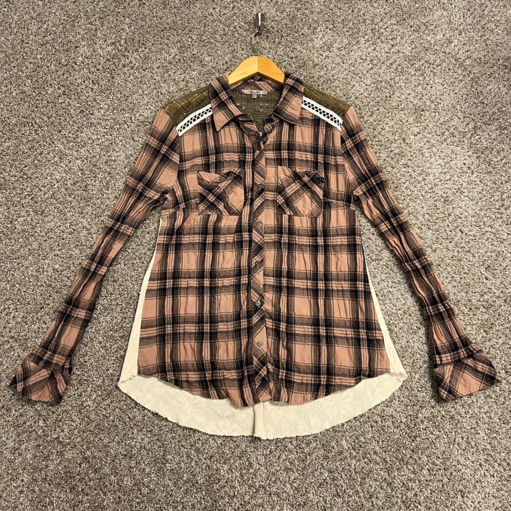 Miss Me Womens Large Pink Plaid Lace Back Mixed Media Button Down Shirt Top